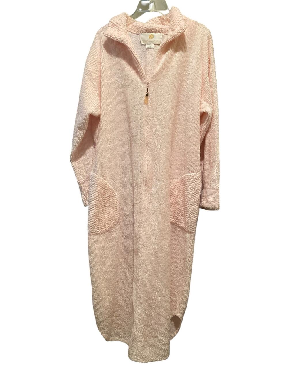 Vintage Stan Herman Pink Chenille Robe Large Sherpa Trim Zip Up Coquette Lounger